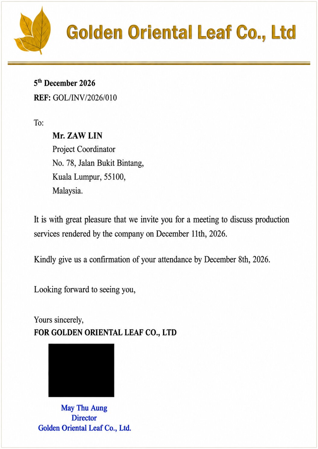 Myanmar Business eVisa Invitation from Organiser