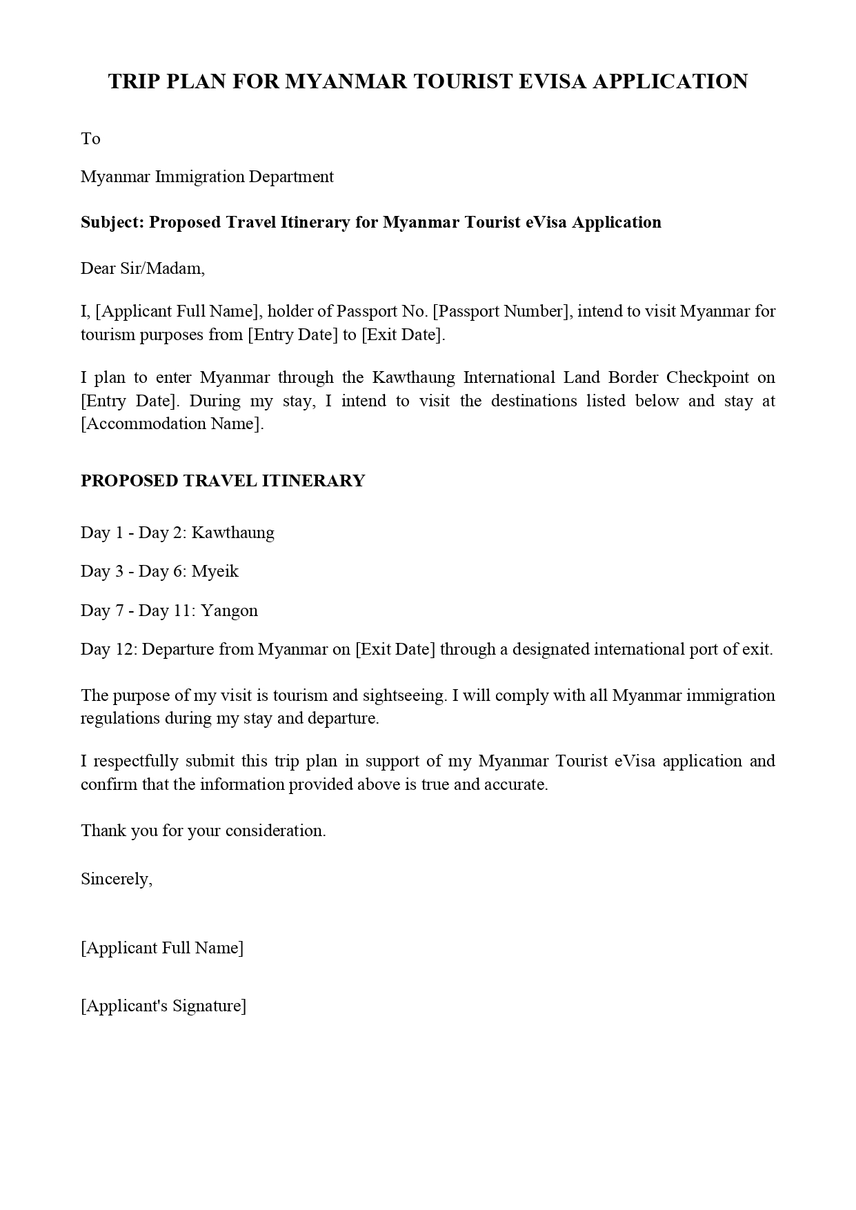 Myanmar Tourist eVisa Application Trip Plan