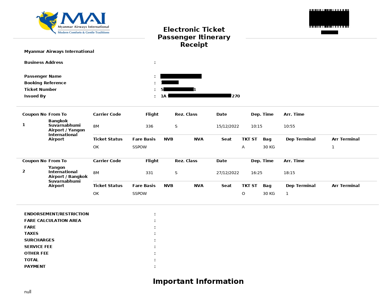 Proof of Return Ticket from Myanmar